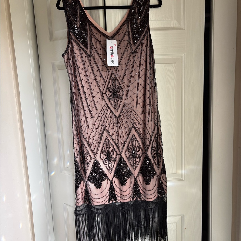 Beaded Fringe Midi Dress - Pink and Black